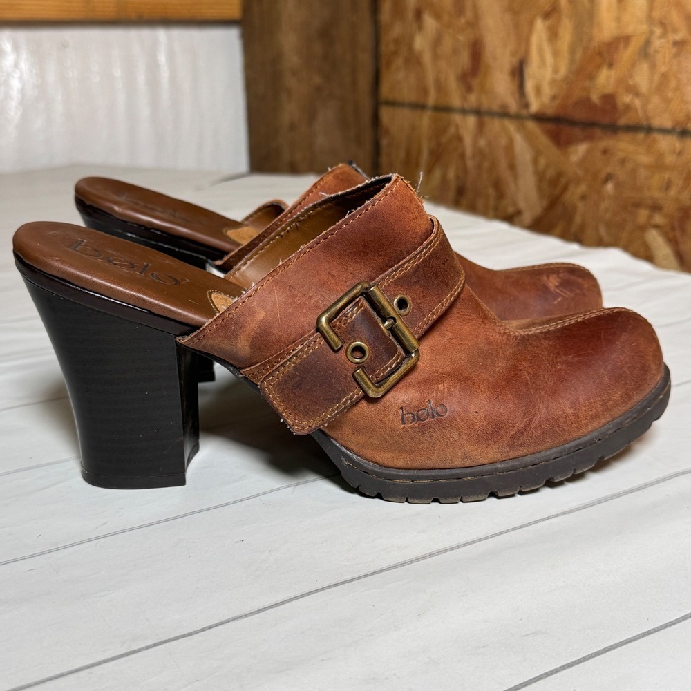 Bolo by Born Brown Leather Mule Clogs Slip On Heels Chunky Boho Y2K Look 8/39